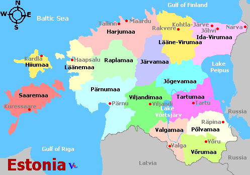 Estonia and departments map, Carte des d&eacute;partements de la r&eacute;gion Estonia