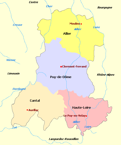 Auvergne and departments map, Carte des d&eacute;partements de la r&eacute;gion Auvergne