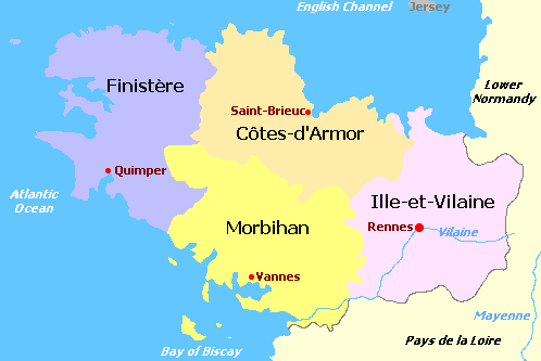 Brittany and departments map, Carte des d&eacute;partements de la r&eacute;gion Brittany