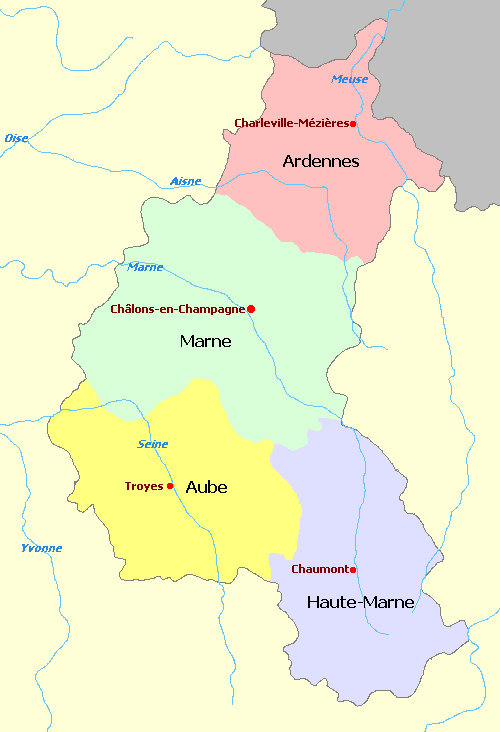 Champagne-Ardenne and departments map, Carte des d&eacute;partements de la r&eacute;gion Champagne-Ardenne