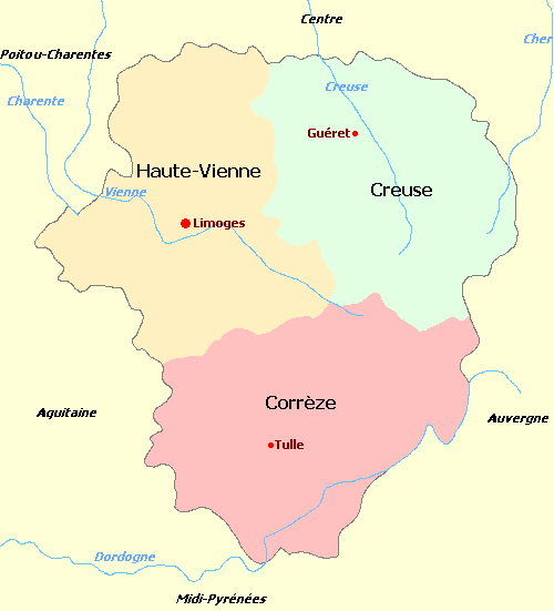 Limousin and departments map, Carte des d&eacute;partements de la r&eacute;gion Limousin