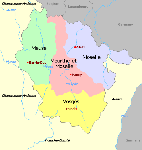 Lorraine and departments map, Carte des d&eacute;partements de la r&eacute;gion Lorraine