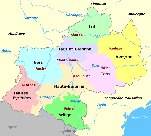 Midi Pyrinees and departments map, Carte des d&eacute;partements de la r&eacute;gion Midi Pyrinees