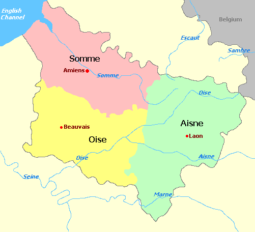 Picardy and departments map, Carte des d&eacute;partements de la r&eacute;gion Picardy