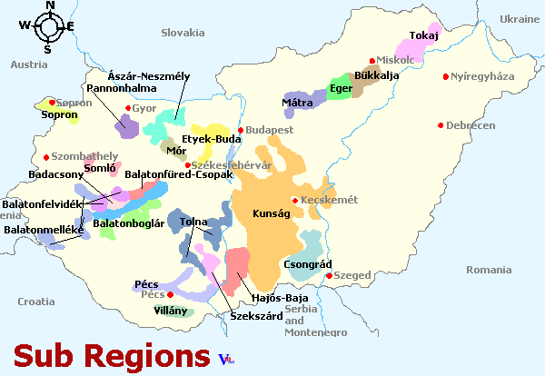 Map of the Sub Wine Regions in Hungary