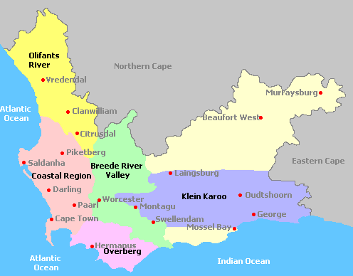 Map of Western Cape's  Wine Region