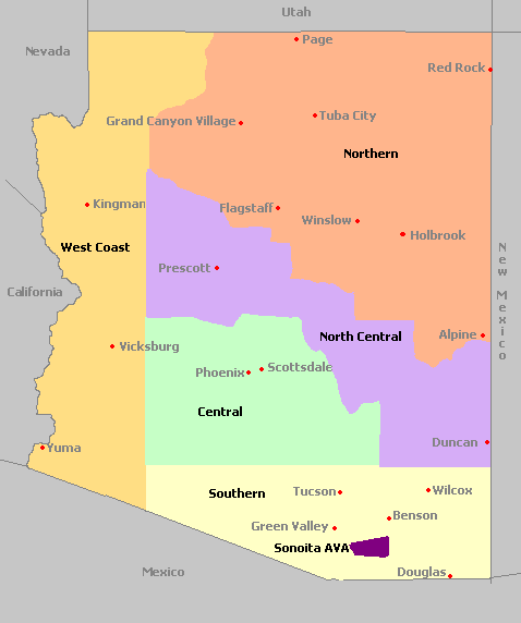 Map of Wine Regions in Arizona